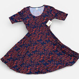 LuLaRoe Sz 3X Blue & Red Nicole Geometric Print 3/4 Sleeve Scoop Neck Dress